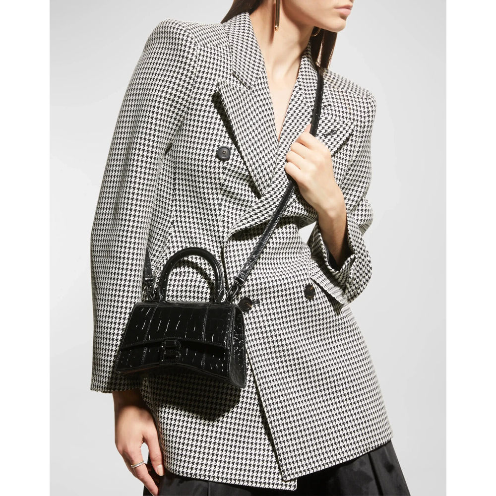 BALENCIAGA Hourglass Extra Small Top Handle Handbag Crocodile Embossed XS Black - Picture 5 of 15